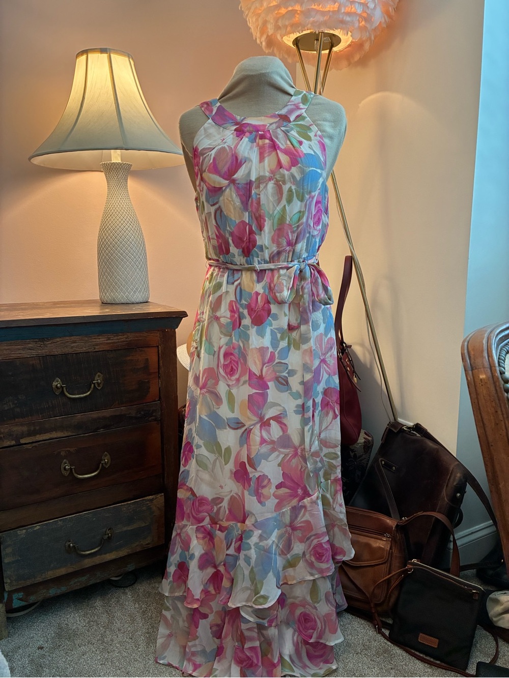 Calvin Klein Pink and Blue Floral Halter Maxi Dress